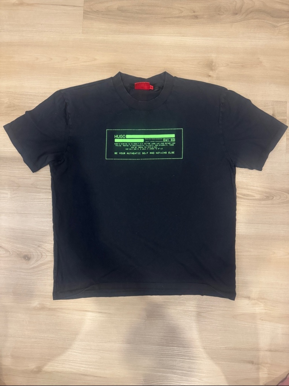 Men’s Medium HUGO Boss Black Tee with Neon Green Matrix Graphic print Tshirt